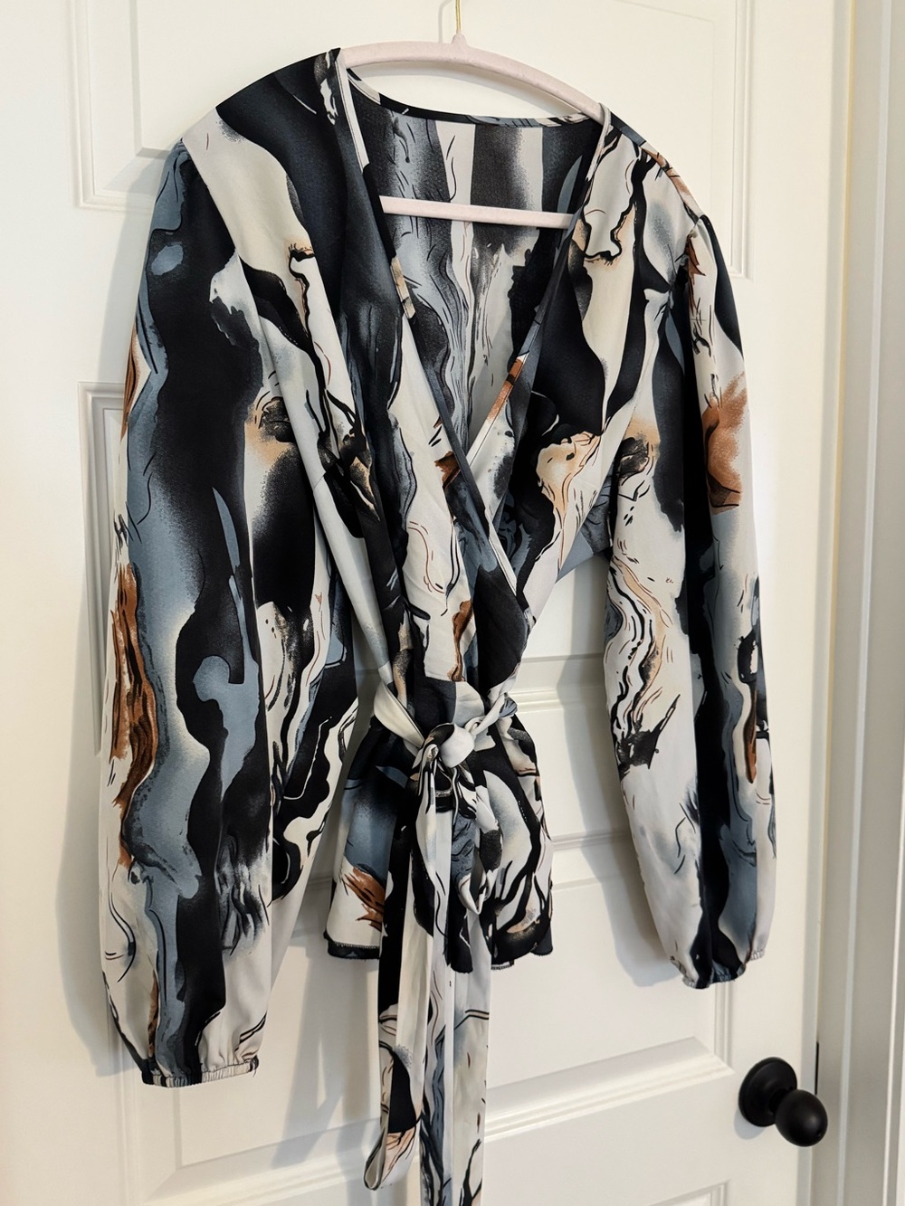 SHEIN Abstract Marble Wrap Blouse - Black, White & Brown